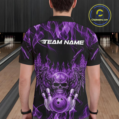 Custom Black And Purple Flame Skull With Wings Men Bowling Shirt, Halloween Team Shirt IPHW10168