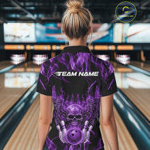 Load image into Gallery viewer, Custom Black And Purple Flame Skull With Wings Women Bowling Shirt, Halloween Team Shirt IPHW10168