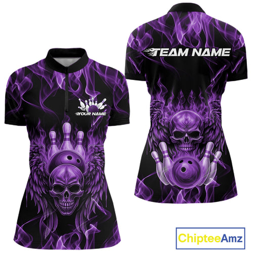 Custom Black And Purple Flame Skull With Wings Women Bowling Shirt, Halloween Team Shirt IPHW10168