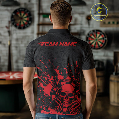 Custom Black And Red Splatter Dart Skull Men Polo Shirt, Dart Bone Halloween Team Jerseys IPHW9948