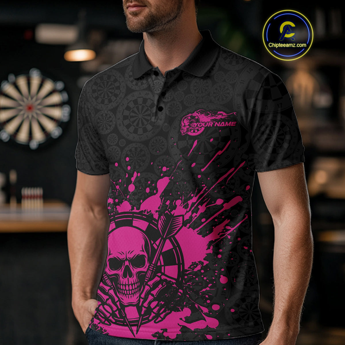 Custom Black And Pink Splatter Dart Skull Men Polo Shirt, Dart Bone Halloween Team Jerseys IPHW9949