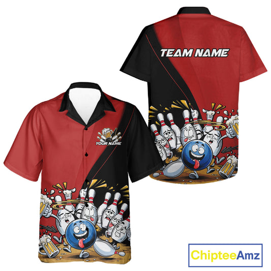 Custom Red Funny Bowling Men And Women Hawaiian Shirts, Bowling And Beer Party Bowlers Outfit IPHW10816