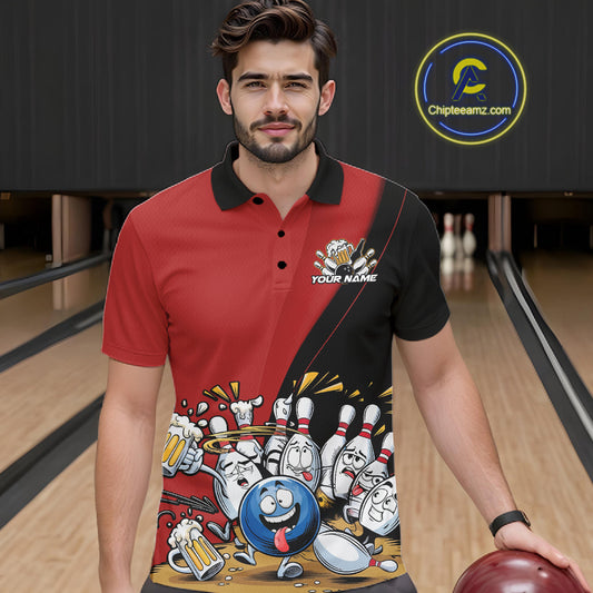 Custom Red Funny Bowling Men Polo Shirts, Bowling And Beer Party Bowlers Outfit IPHW10816
