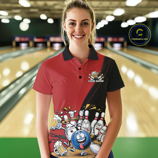 Custom Red Funny Bowling Women Polo Shirts, Bowling And Beer Party Bowlers Outfit IPHW10816