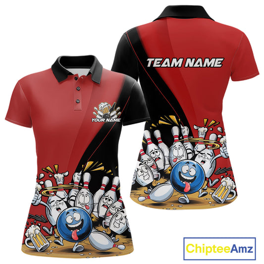 Custom Red Funny Bowling Women Polo Shirts, Bowling And Beer Party Bowlers Outfit IPHW10816