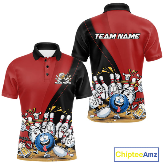 Custom Red Funny Bowling Men Polo Shirts, Bowling And Beer Party Bowlers Outfit IPHW10816
