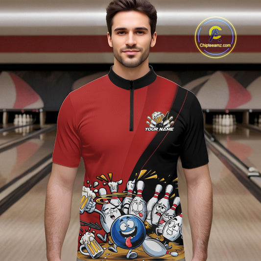 Custom Red Funny Bowling Men Quarter-Zip Shirts, Bowling And Beer Party Bowlers Outfit IPHW10816