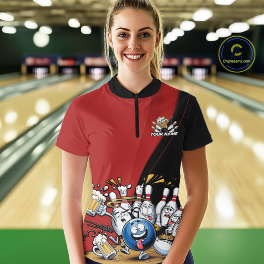 Custom Red Funny Bowling Women Quarter-Zip Shirts, Bowling And Beer Party Bowlers Outfit IPHW10816