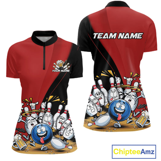 Custom Red Funny Bowling Women Quarter-Zip Shirts, Bowling And Beer Party Bowlers Outfit IPHW10816