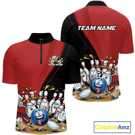 Custom Red Funny Bowling Men Quarter-Zip Shirts, Bowling And Beer Party Bowlers Outfit IPHW10816