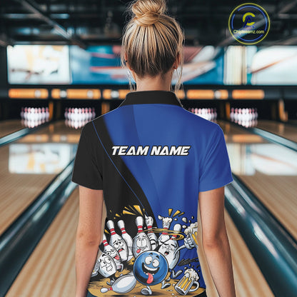 Custom Blue Funny Bowling Women Polo Shirts, Bowling And Beer Party Bowlers Outfit IPHW10818