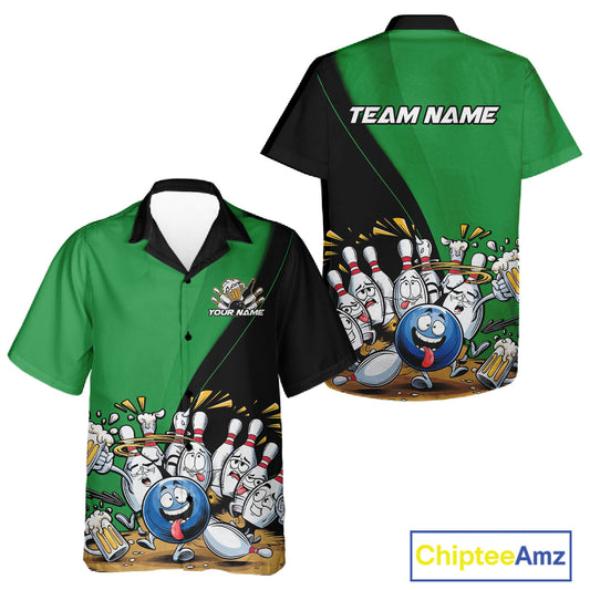 Custom Green Funny Bowling Men And Women Hawaiian Shirts, Bowling And Beer Party Bowlers Outfit IPHW10819