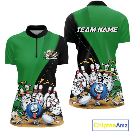 Custom Green Funny Bowling Women Shirts, Bowling And Beer Party Bowlers Outfit IPHW10819