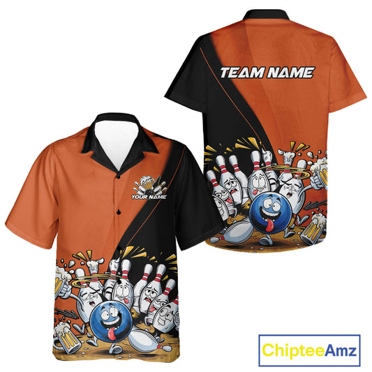 Custom Orange Funny Bowling Men And Women Hawaiian Shirts, Bowling And Beer Party Bowlers Outfit IPHW10820