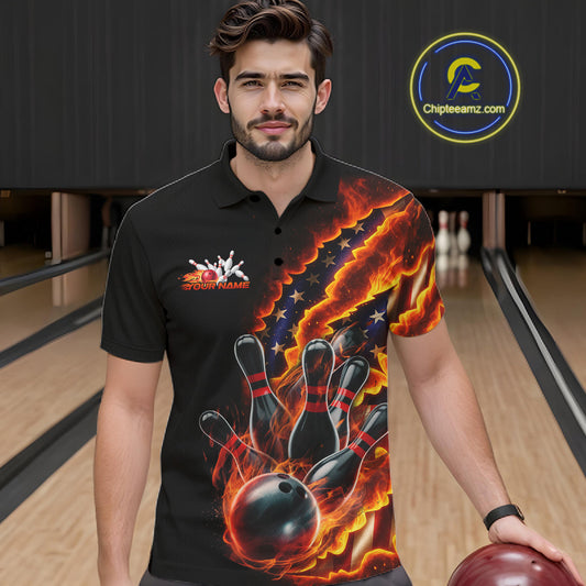 Custom Patriotic Flame Men Bowling Team Shirt, US Flag Bowling League Team Shirt IPHW10193