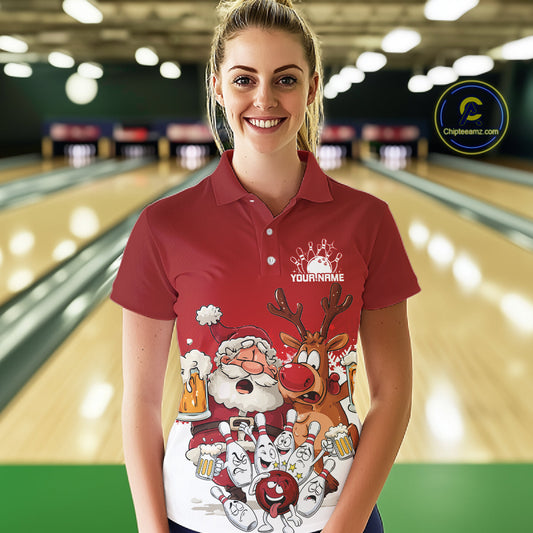 Custom Red Funny Christmas Women Bowling Shirts, Bowling And Beer Xmas Party Shirt IPHW10204