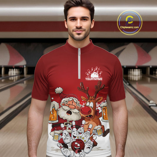 Custom Red Funny Christmas Men Bowling Shirts, Bowling And Beer Xmas Party Shirt IPHW10204