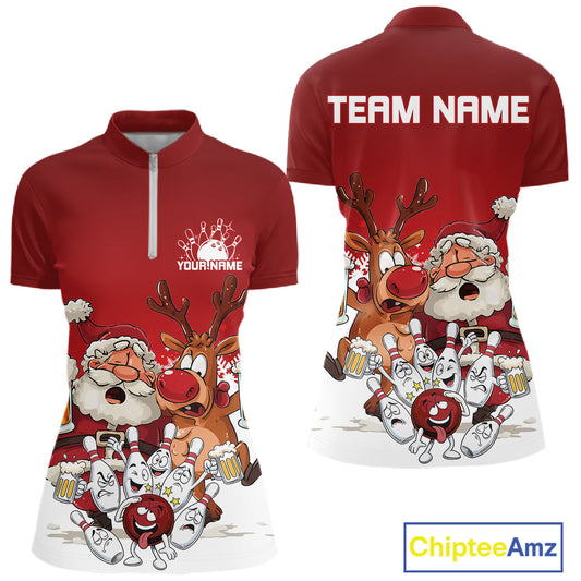 Custom Red Funny Christmas Women Bowling Shirts, Bowling And Beer Xmas Party Shirt IPHW10204
