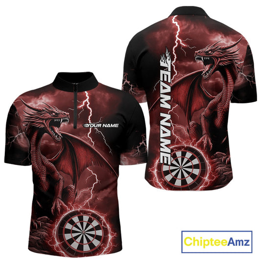 Custom Red Lightning Dragon Darts Men Quarter-Zip Shirts, Dragon Darts Team Jersey IPHW10386