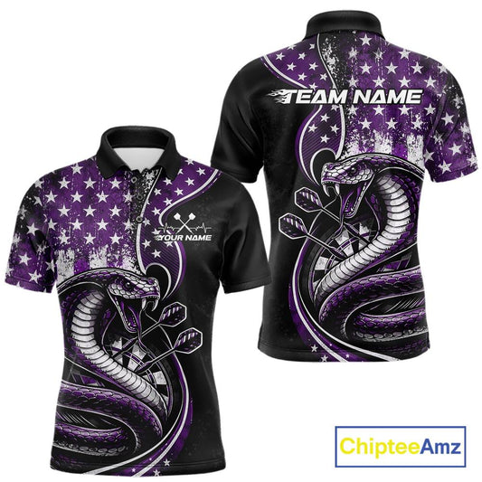 Customizable purple and black stars and stripes patriotic cobra snake men's dart polo shirt featuring a personalized "TEAM NAME" text template on the back.