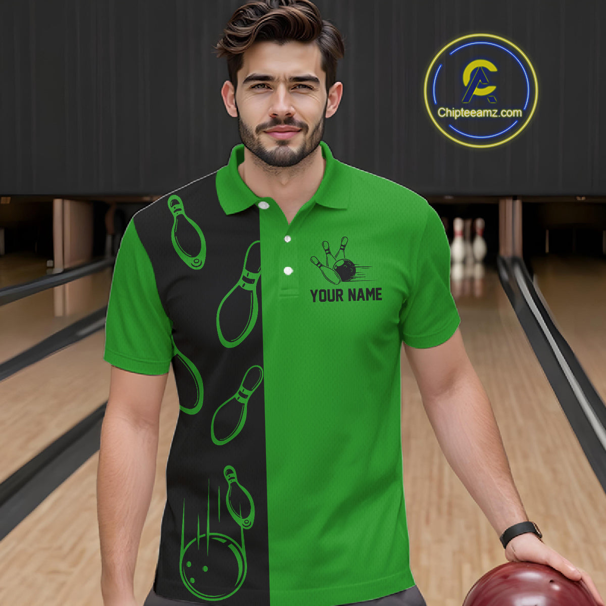 Green and Black retro vintage Bowling polo, quarter zip shirts for men custom Bowling team jerseys NQS11564