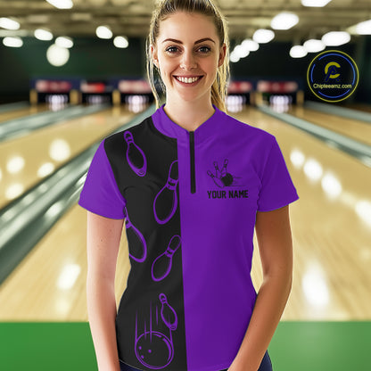 Purple and Black retro vintage Bowling polo, quarter zip shirts for Women custom Bowling team jerseys NQS11566