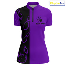 Load image into Gallery viewer, Purple and Black retro vintage Bowling polo, quarter zip shirts for Women custom Bowling team jerseys NQS11566