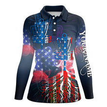Load image into Gallery viewer, Womens disc golf polo shirt custom name American flag disc golf basket, personalized disc golf shirts NQS5677