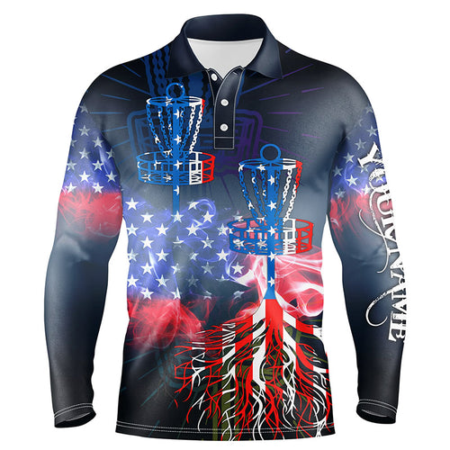 Mens disc golf polo shirt custom name American flag disc golf basket, personalized disc golf shirts NQS5677