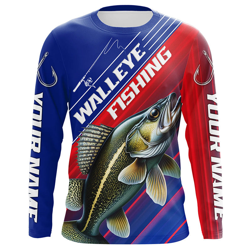 Custom Walleye Fishing Long Sleeve Tournament Shirts, Red White And Blue Walleye Fishing Jerseys IPHW6313