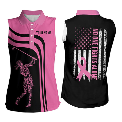 Pink Womens sleeveless polo shirt custom no one fights alone American flag ladies golf tops NQS6104