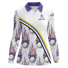 Load image into Gallery viewer, Golf balls purple flame pattern Womens golf polo shirts custom golf apparel for ladies | White NQS6106