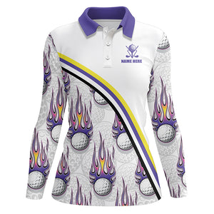 Golf balls purple flame pattern Womens golf polo shirts custom golf apparel for ladies | White NQS6106