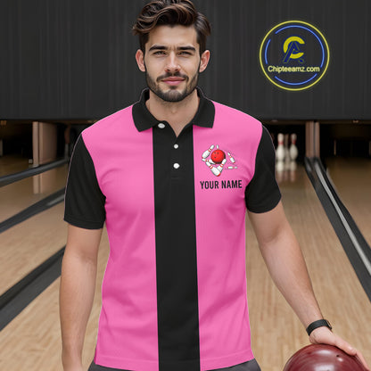 Personalized Pink Black Retro Bowling Polo Shirts For Men custom vintage bowling team jerseys NQS6568