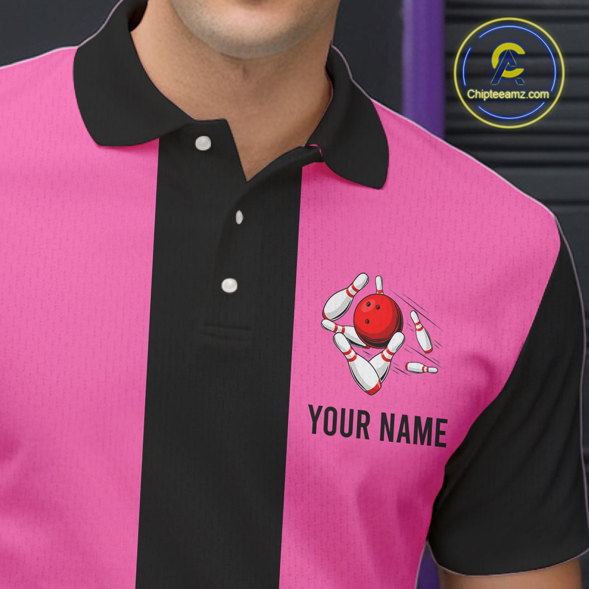 Personalized Pink Black Retro Bowling Polo Shirts For Men custom vintage bowling team jerseys NQS6568