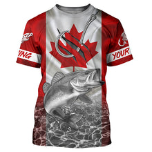 Load image into Gallery viewer, Canadian Flag Walleye Fish hook Custom long sleeve performance Fishing Shirts, Walleye Fishing jerseys NQS5459