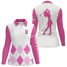 Load image into Gallery viewer, Womens golf polo shirt custom pink argyle plaid golf top for ladies NQS5238