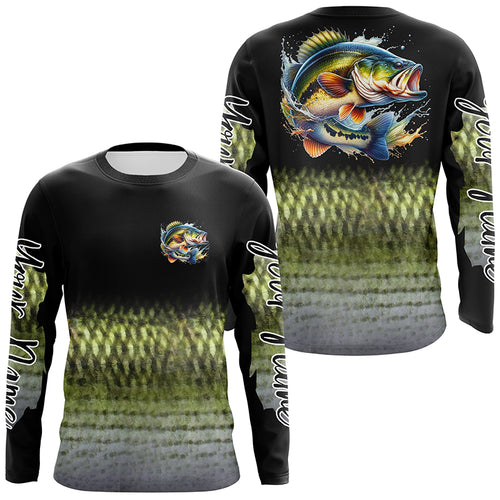 Largemouth Bass fishing Custom sun protection black long sleeve fishing shirts, Bass scales jerseys NQS4130