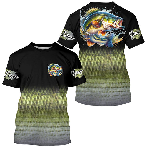 Largemouth Bass fishing Custom sun protection black long sleeve fishing shirts, Bass scales jerseys NQS4130