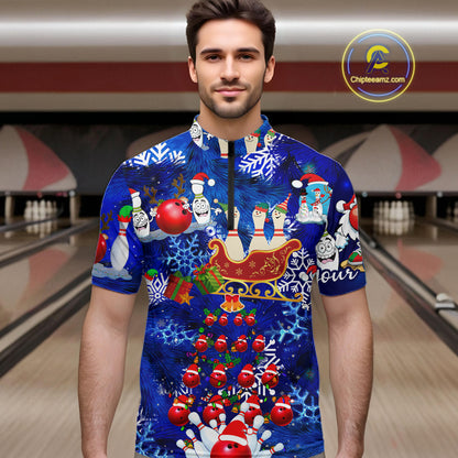 Mens Bowling Quarter-Zip Shirts Custom blue Christmas pattern Bowling Santa ball pins team Mens Jersey NQS6617