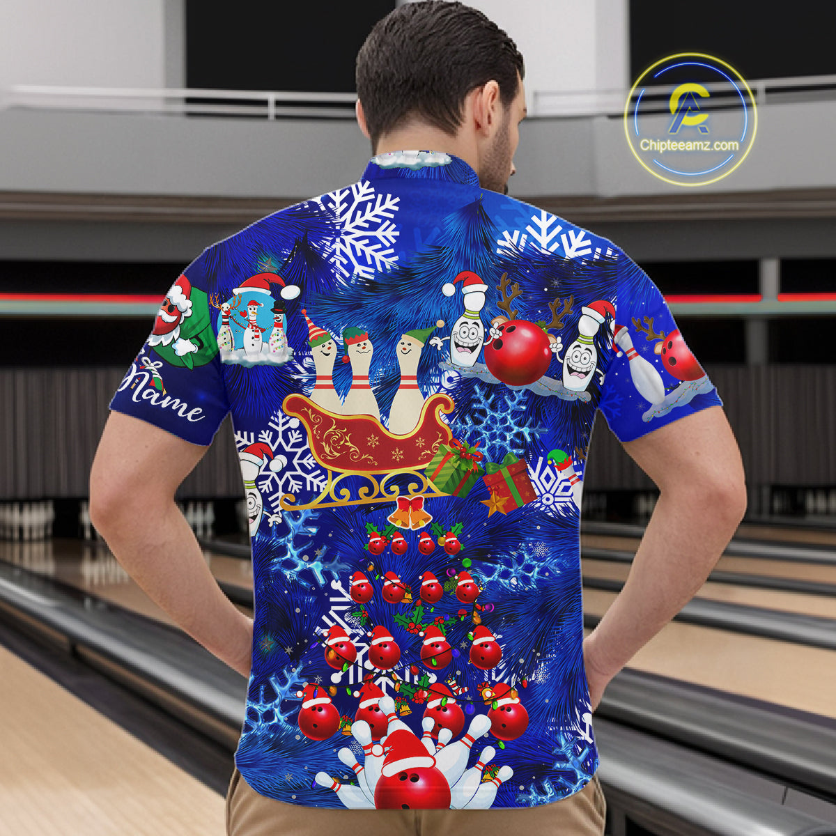 Mens Bowling Quarter-Zip Shirts Custom blue Christmas pattern Bowling Santa ball pins team Mens Jersey NQS6617