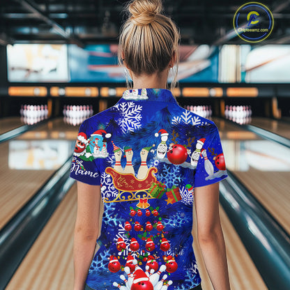Womens Bowling Quarter-Zip Shirts Custom Christmas Bowling Santa pins blue pattern team Ladies Jersey NQS6617