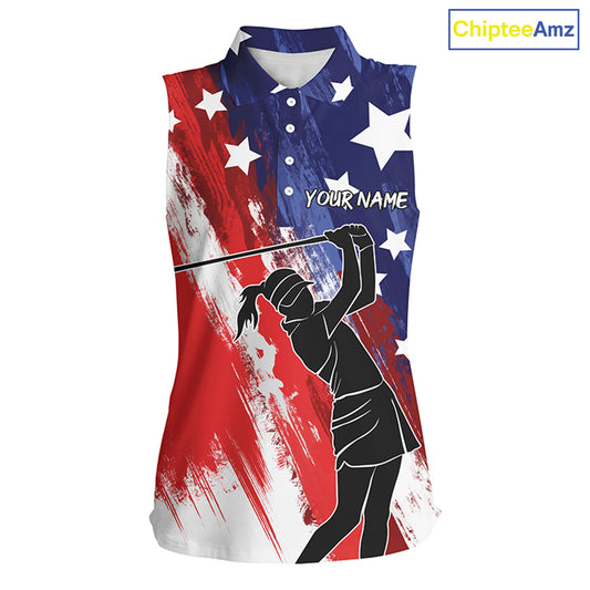 Red, white and blue American flag sleeveless polo shirt custom patriotic golf shirt NQS5493