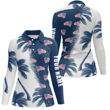 Load image into Gallery viewer, Blue and white palm tree pattern American flag Womens golf polo shirts personalized golf outfit women NQS5954