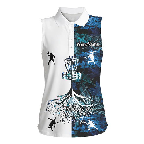 Womens sleeveless disc golf polo shirts blue camo custom name disc golf team shirt, disc golf gifts NQS4360