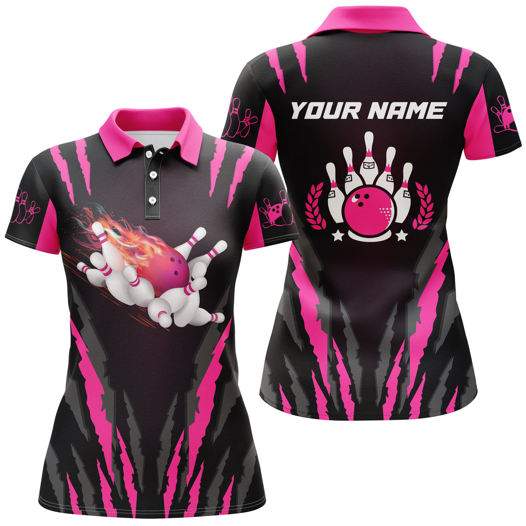 Women bowling polo Shirts custom Flame Bowling Ball & Pins bowling jerseys,  bowling gifts | Pink NQS5494