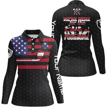 Load image into Gallery viewer, Black American flag Womens golf polo shirts custom name we&#39;re here for the foursome patriot golf gifts NQS5769