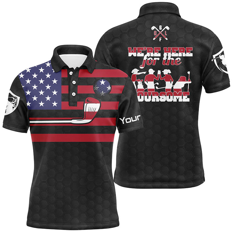 Black American flag mens golf polo shirts custom name we're here for the foursome patriot golf gifts NQS5769