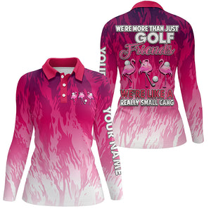 Womens golf polo shirts custom pink camo flamingo golf friends we're golf friends we're small gang NQS5523