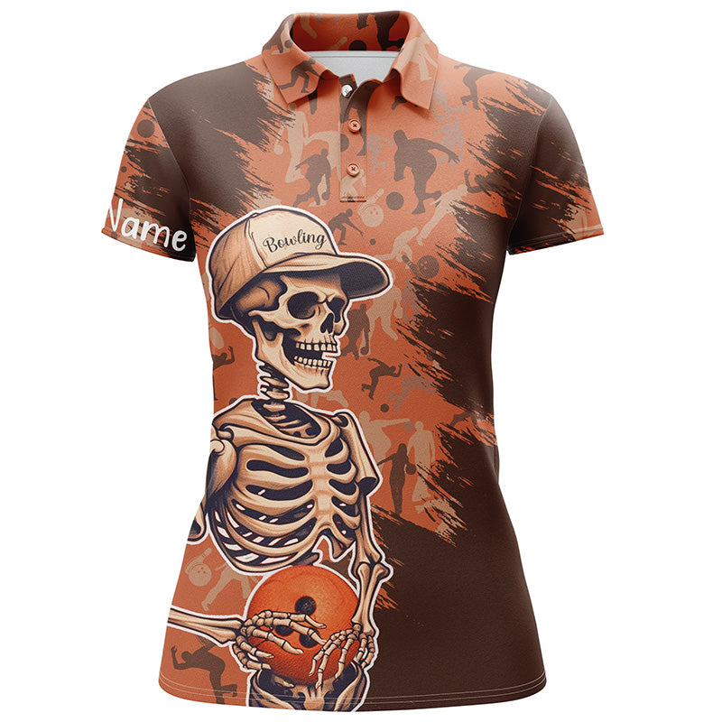 Women's Skull orange camo Bowling short sleeve polo Shirt Custom Name Women Bowlers Jersey NQS5796